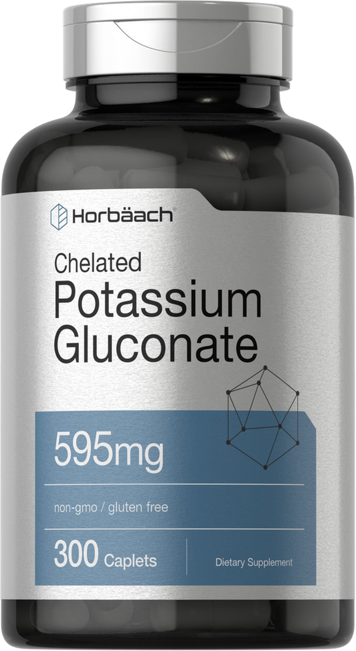 Potassium Gluconate 595 Mg | 300 Caplets | Chelated | Vegetarian | by Horbaach