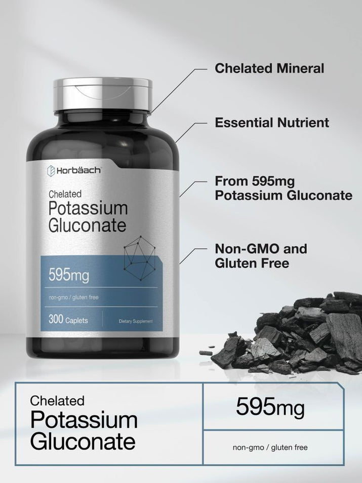 Potassium Gluconate 595 Mg | 300 Caplets | Chelated | Vegetarian | by Horbaach